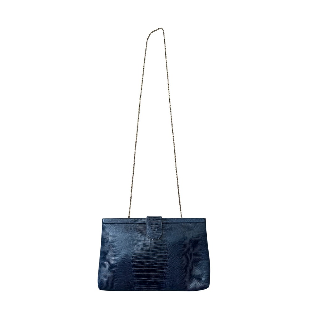 Vintage Etra Blue Embossed Leather Clutch Purse with Gold Chain Strap‎